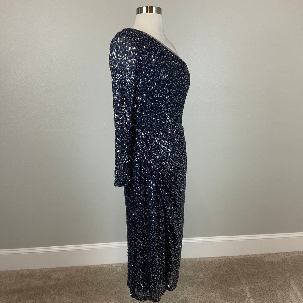 Betsy & Adam Blue Cocktail Dress Sequin One Shoulder Long Sleeve Sheath Size 10 - Picture 3 of 13